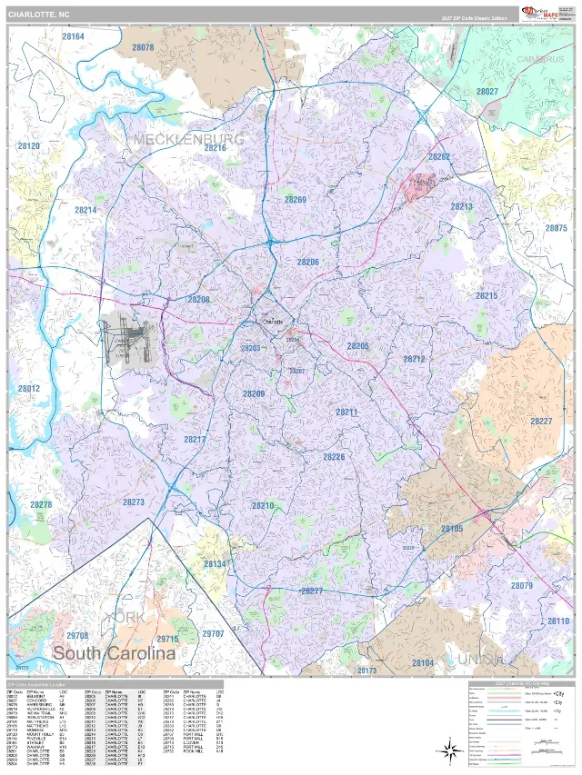 Charlotte, NC ZIP Code Wall Map, Classic style