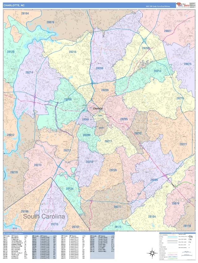 Charlotte, NC ZIP Code Wall Map, ColorCast style