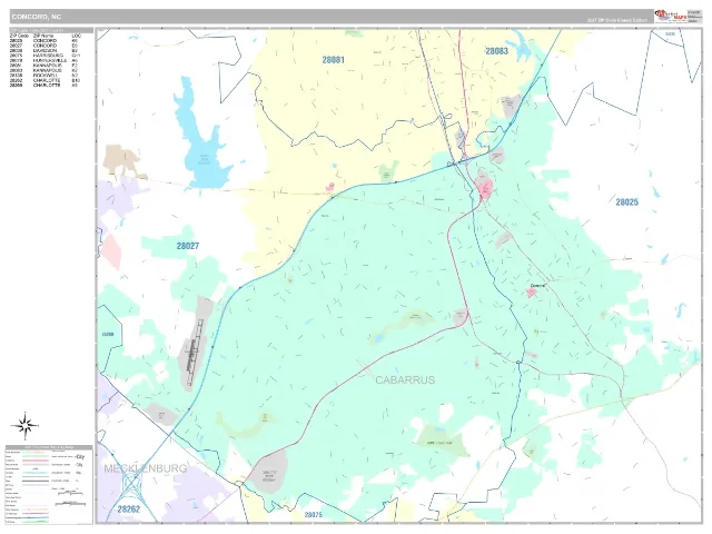 Concord, NC ZIP Code Wall Map, Classic style