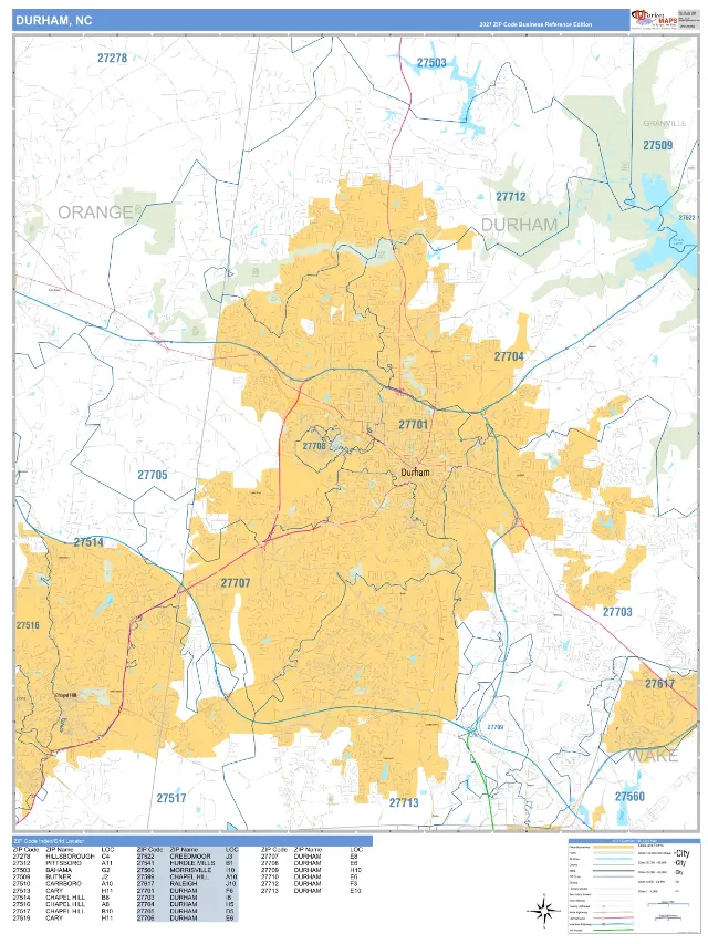Durham, NC ZIP Code Wall Map, Business Reference style