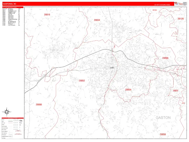 Gastonia, NC ZIP Code Wall Map, RedLine style