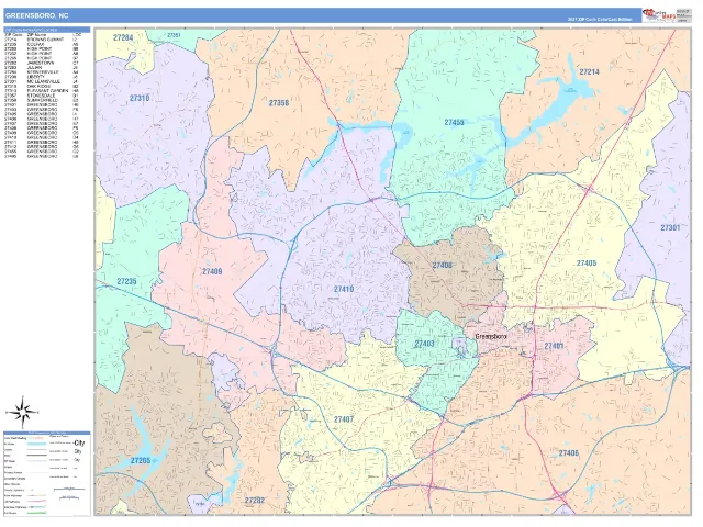 Greensboro, NC ZIP Code Wall Map, ColorCast style