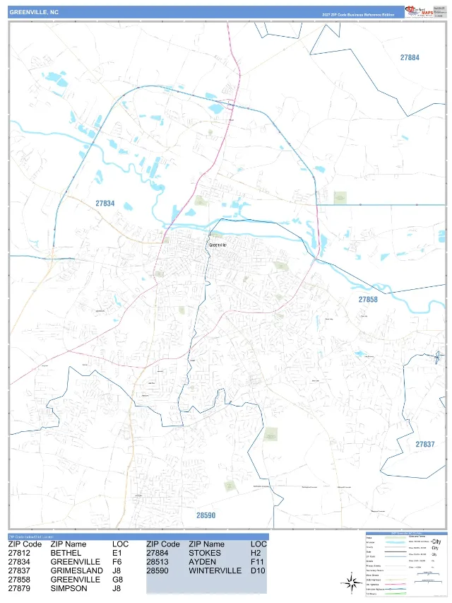 Greenville, NC ZIP Code Wall Map, Business Reference style