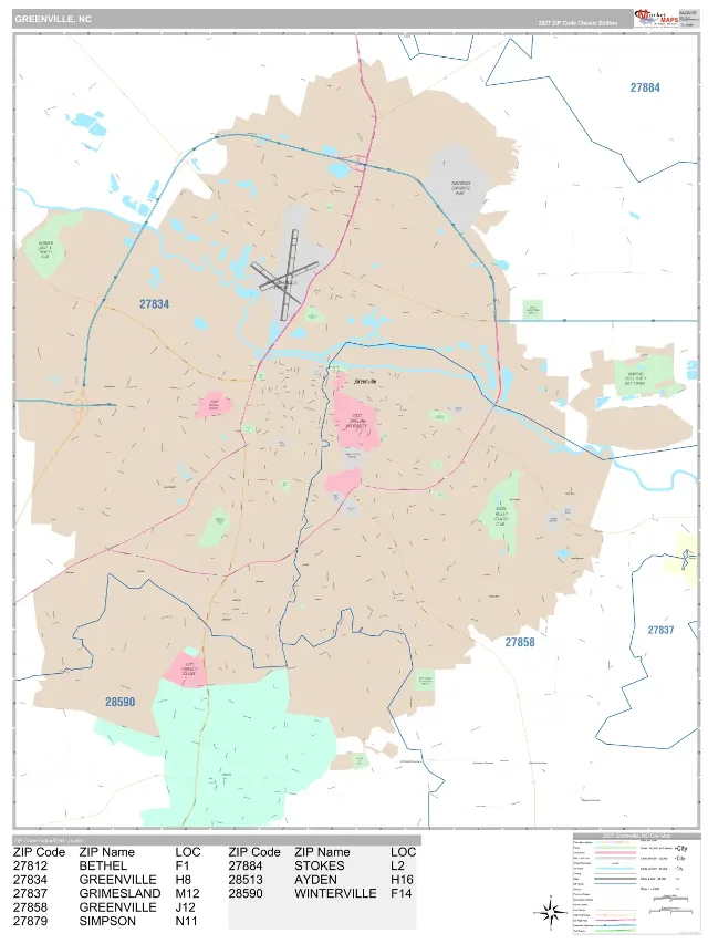 Greenville, NC ZIP Code Wall Map, Classic style