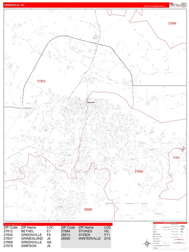 Greenville, NC ZIP Code Wall Map, RedLine style