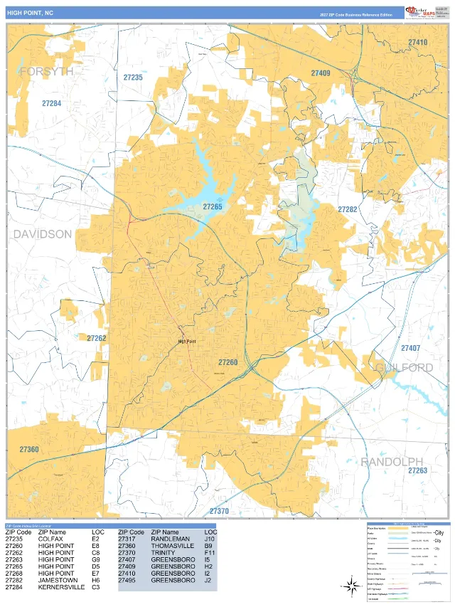 High Point, NC ZIP Code Wall Map, Business Reference style