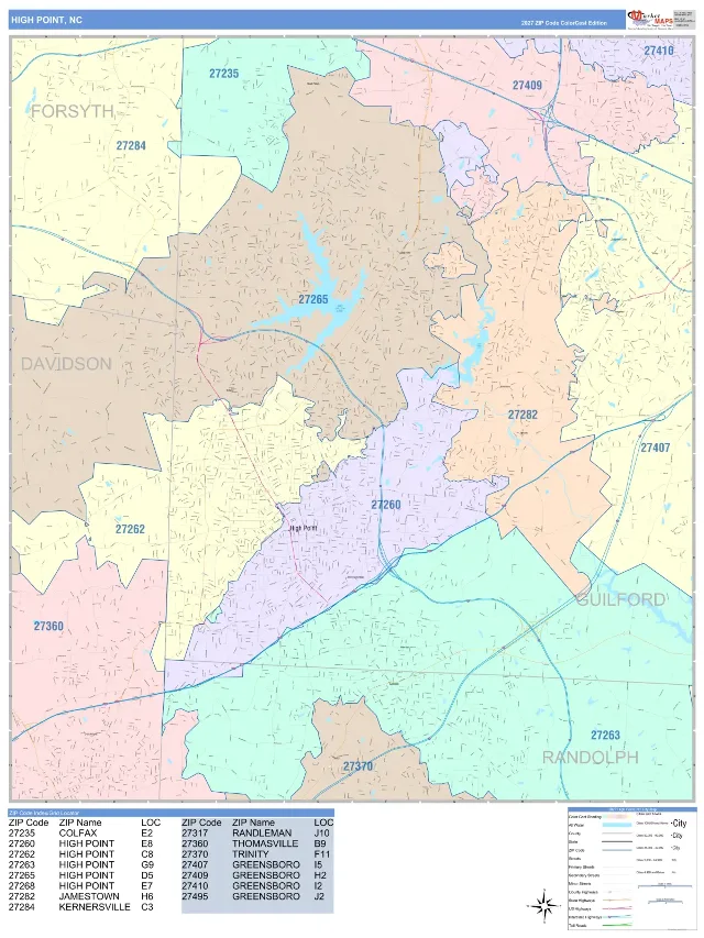 High Point, NC ZIP Code Wall Map, ColorCast style