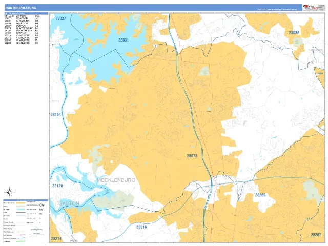 Huntersville, NC ZIP Code Wall Map, Business Reference style
