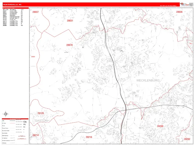Huntersville, NC ZIP Code Wall Map, RedLine style