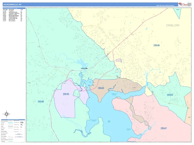 Jacksonville, NC ZIP Code Wall Map, ColorCast style