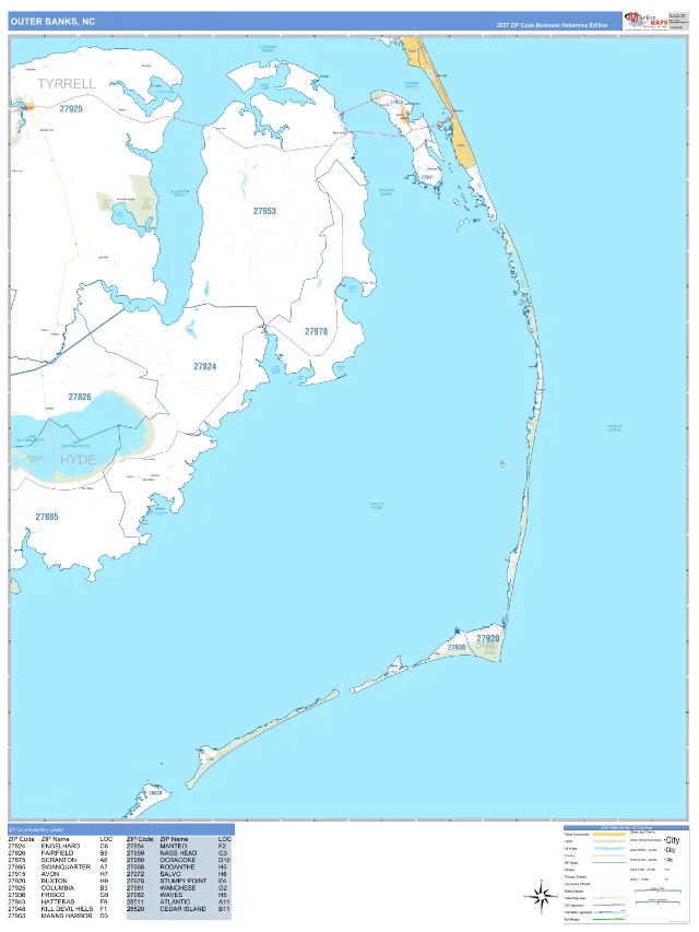 Outer Banks, NC ZIP Code Wall Map, Business Reference style