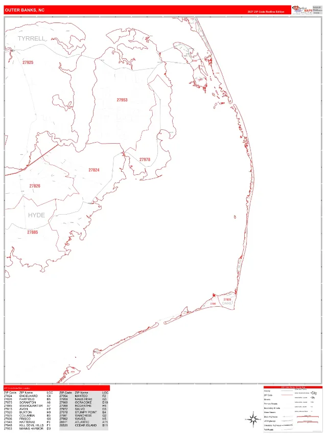 Outer Banks, NC ZIP Code Wall Map, RedLine style