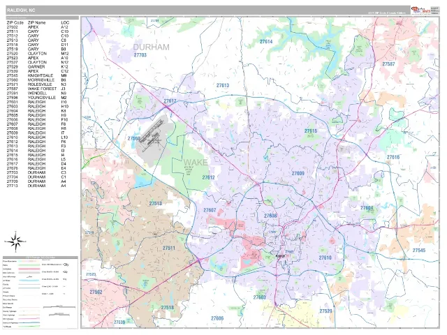 Raleigh, NC ZIP Code Wall Map, Classic style