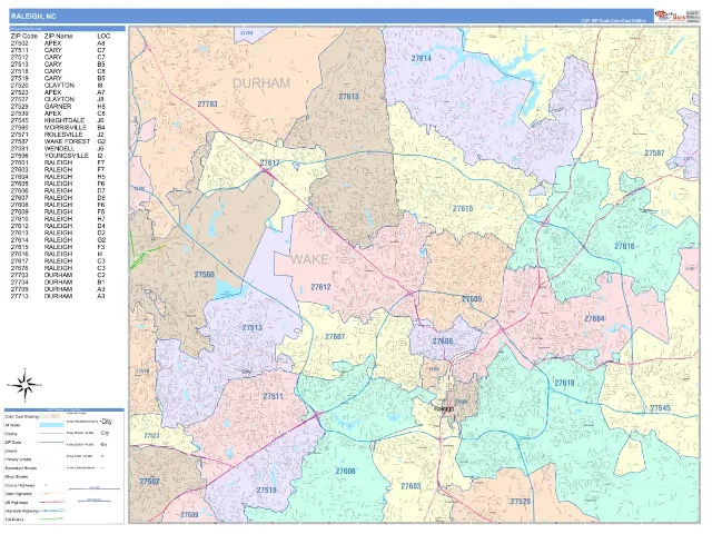 Raleigh, NC ZIP Code Wall Map, ColorCast style