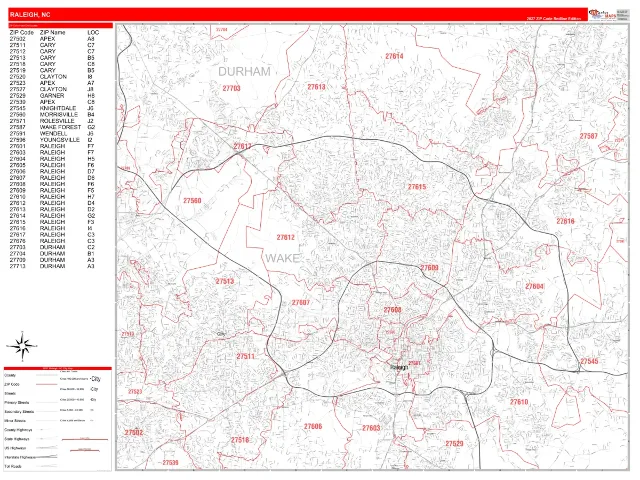 Raleigh, NC ZIP Code Wall Map, RedLine style