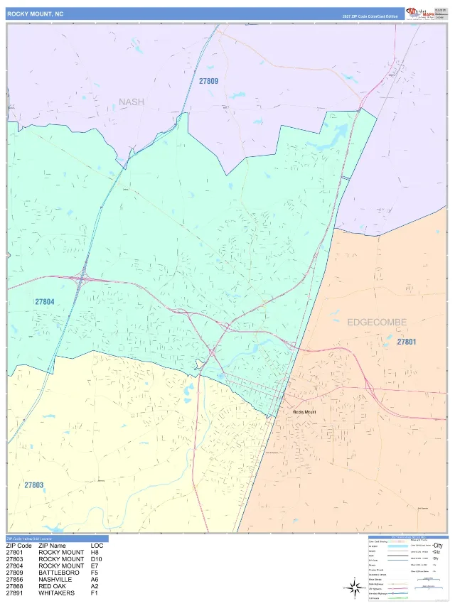 Rocky Mount, NC ZIP Code Wall Map, ColorCast style