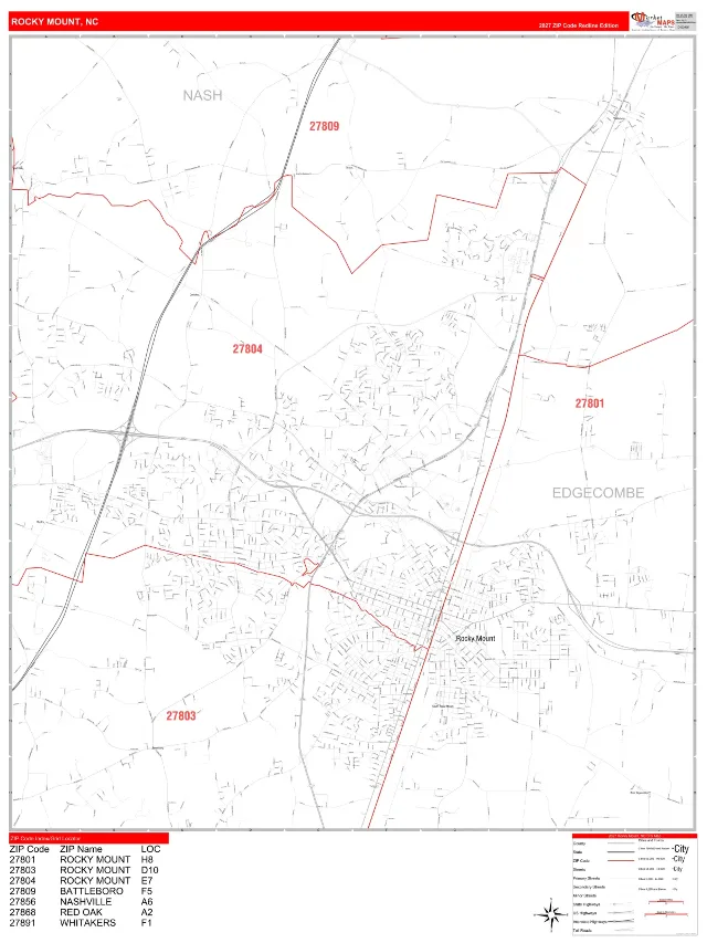 Rocky Mount, NC ZIP Code Wall Map, RedLine style