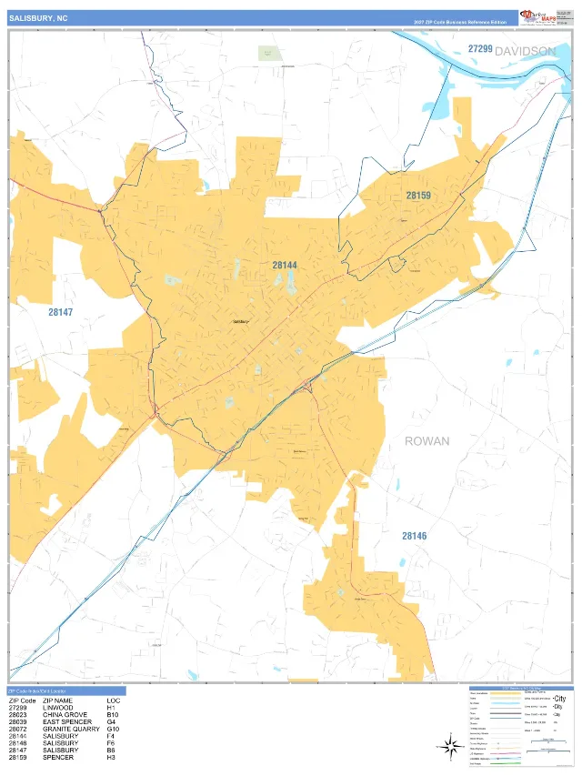 Salisbury, NC ZIP Code Wall Map, Business Reference style