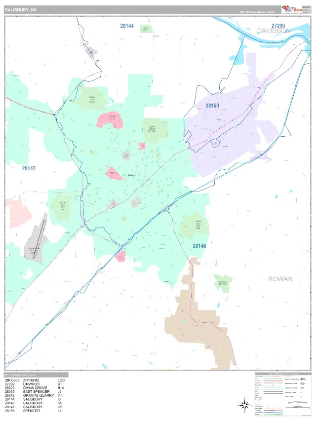 Salisbury, NC ZIP Code Wall Map, Classic style