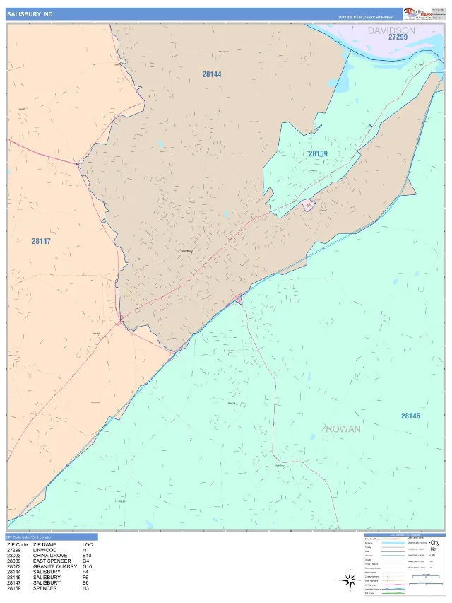 Salisbury, NC ZIP Code Wall Map, ColorCast style
