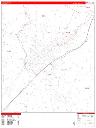 Salisbury, NC RedLine style ZIP Code wall map
