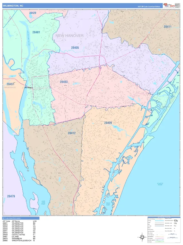 Wilmington, NC ZIP Code Wall Map, ColorCast style