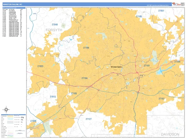 Winston Salem, NC ZIP Code Wall Map, Business Reference style