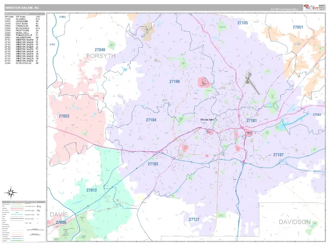 Winston Salem, NC ZIP Code Wall Map, Classic style