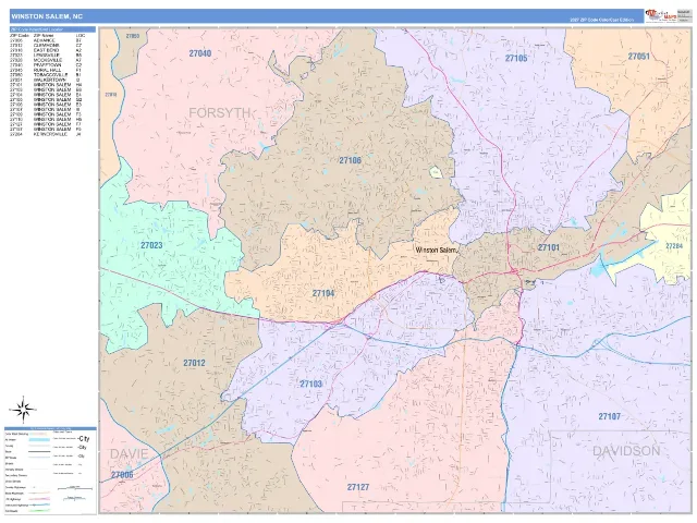 Winston Salem, NC ZIP Code Wall Map, ColorCast style