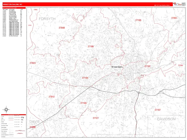 Winston Salem, NC ZIP Code Wall Map, RedLine style