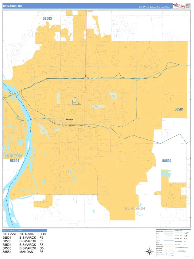 Bismarck, ND ZIP Code Wall Map, Business Reference style