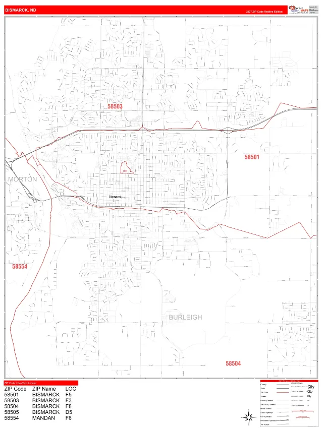 Bismarck, ND ZIP Code Wall Map, RedLine style
