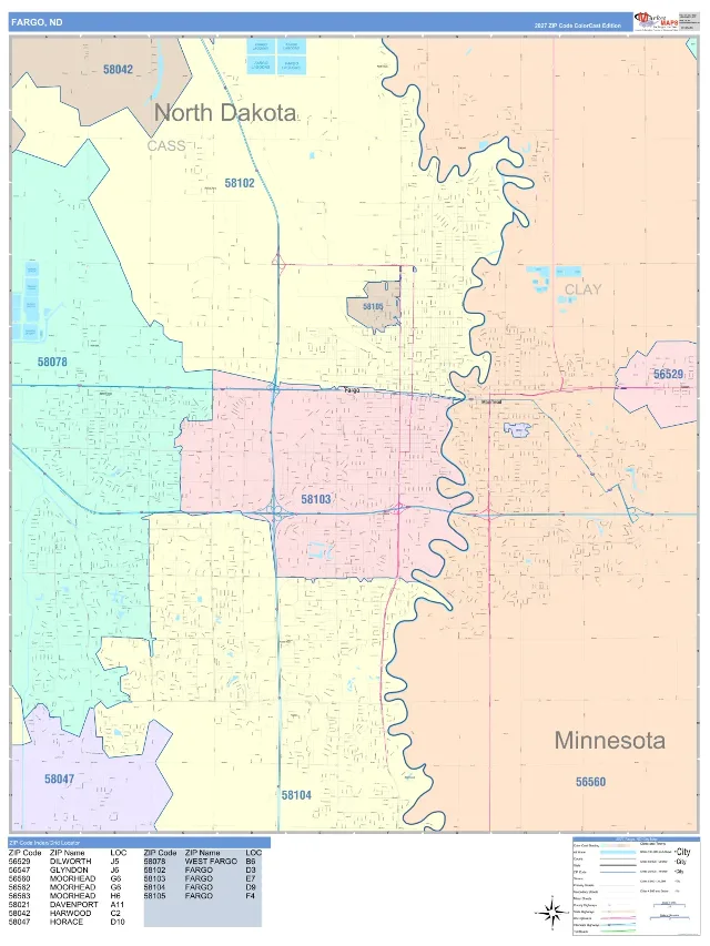Fargo, ND ZIP Code Wall Map, ColorCast style