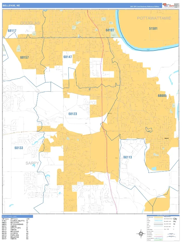 Bellevue, NE ZIP Code Wall Map, Business Reference style