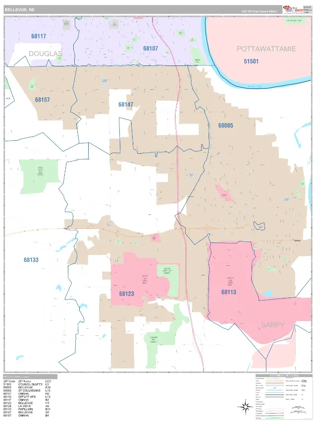 Bellevue, NE ZIP Code Wall Map, Classic style