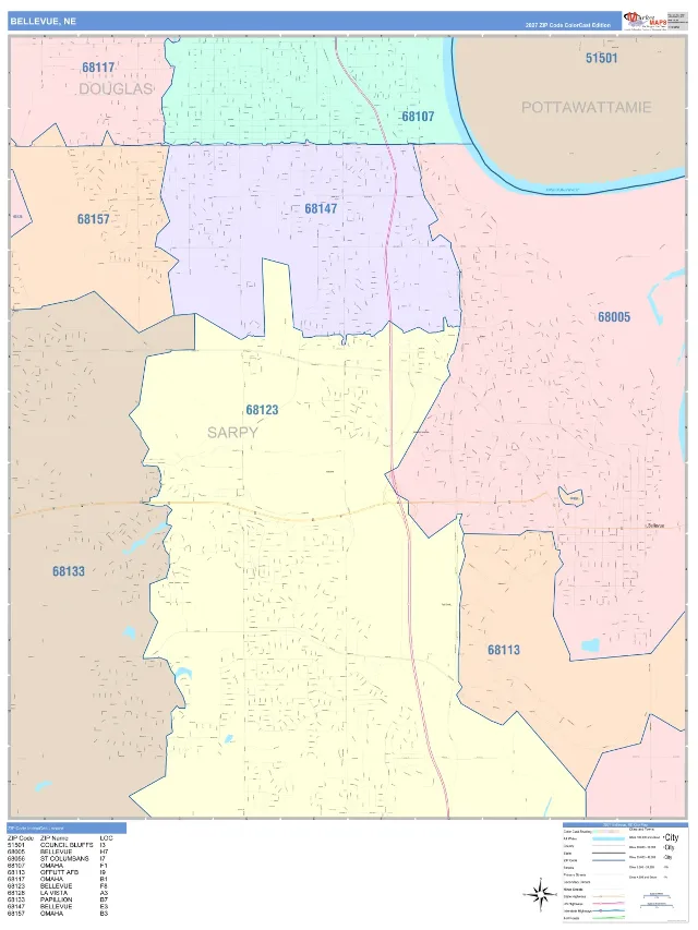 Bellevue, NE ZIP Code Wall Map, ColorCast style
