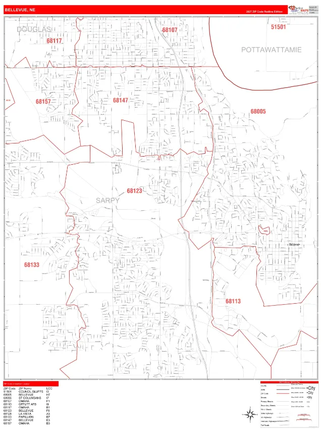 Bellevue, NE ZIP Code Wall Map, RedLine style