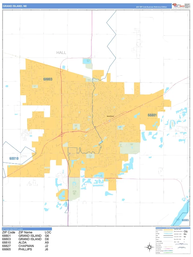 Grand Island, NE ZIP Code Wall Map, Business Reference style