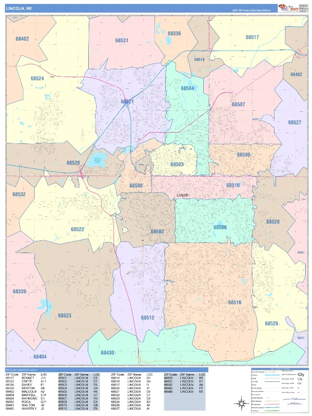 Lincoln, NE ZIP Code Wall Map, ColorCast style