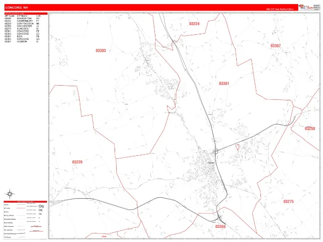 Concord, NH ZIP Code Wall Map, RedLine style