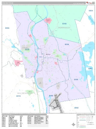 Manchester, NH Classic style ZIP Code wall map