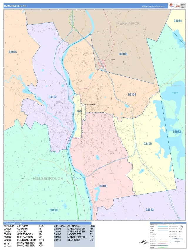 Manchester, NH ZIP Code Wall Map, ColorCast style