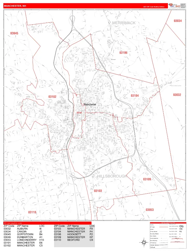 Manchester, NH ZIP Code Wall Map, RedLine style