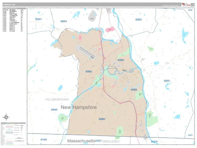 Nashua, NH ZIP Code Wall Map, Classic style