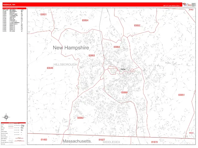 Nashua, NH ZIP Code Wall Map, RedLine style