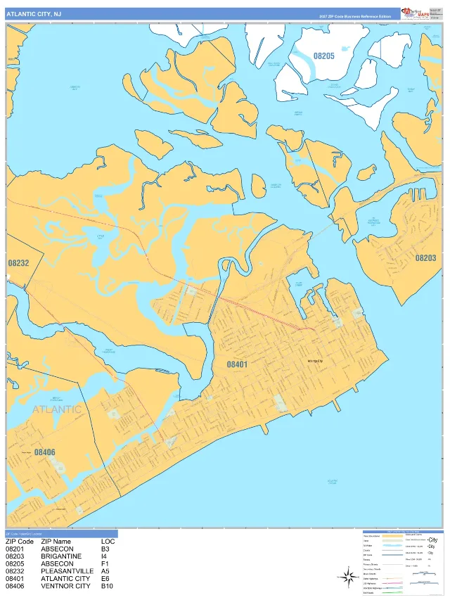 Atlantic City, NJ ZIP Code Wall Map, Business Reference style
