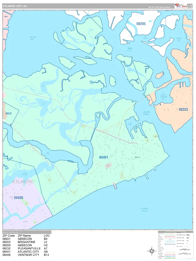 Atlantic City, NJ ZIP Code Wall Map, Classic style