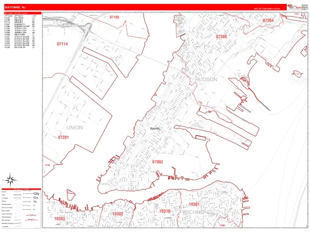 Bayonne, NJ ZIP Code Wall Map, RedLine style