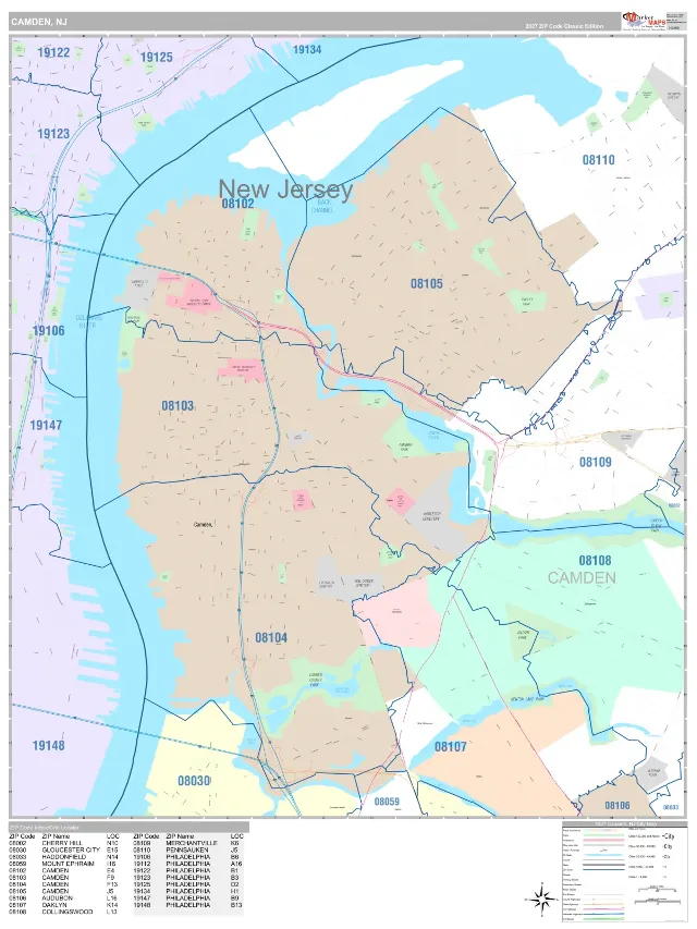 Camden, NJ ZIP Code Wall Map, Classic style