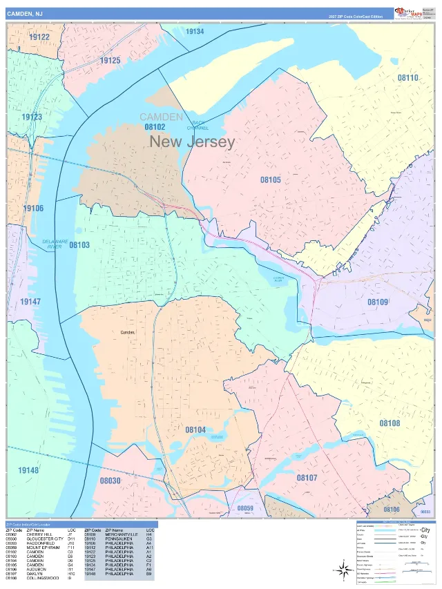 Camden, NJ ZIP Code Wall Map, ColorCast style